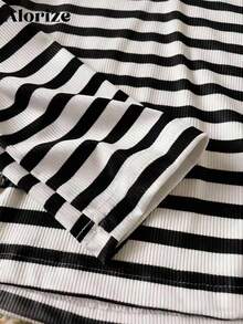 女童休闲条纹V领长袖T恤，百搭实用，适合散步、购物、工作、上学、旅行，可搭配外套、马甲、裤子、运动裤等。 - 黑與白 - 查看 3