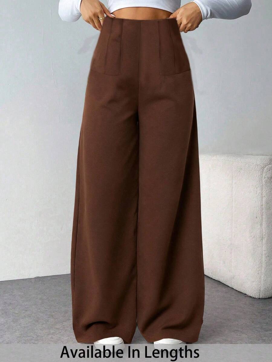 SHEIN Tall CURVE 大码女式简约休闲时尚高腰纹理阔腿裤 - 咖啡棕 - 查看 1