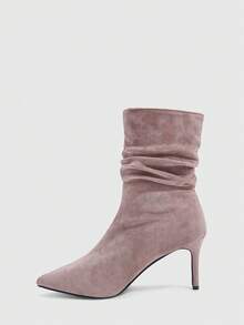 CUCCOO SZL 女士尖头褶皱时尚日常穿搭中筒高跟靴 - 藕粉色 - 查看 5