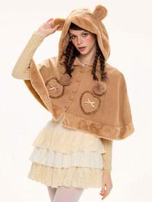 ROMWE Kawaii 女士可爱泰迪熊拼接连帽斗篷，棕色 - 棕色 - 查看 6