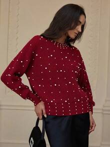 BELROSIE Beaded Lantern Sleeve Pullover Sweater - Red - View 3