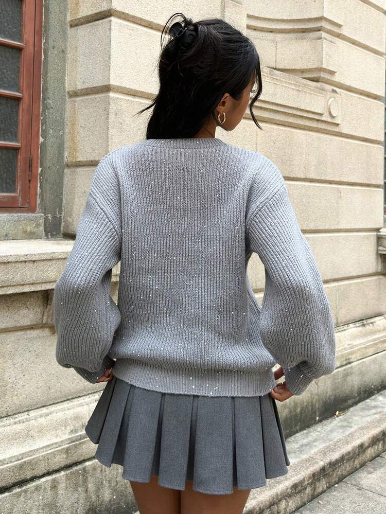 SHEIN EZwear 女式宽松亮片装饰圆领毛衣，秋冬 - 淺灰色 - 查看 2