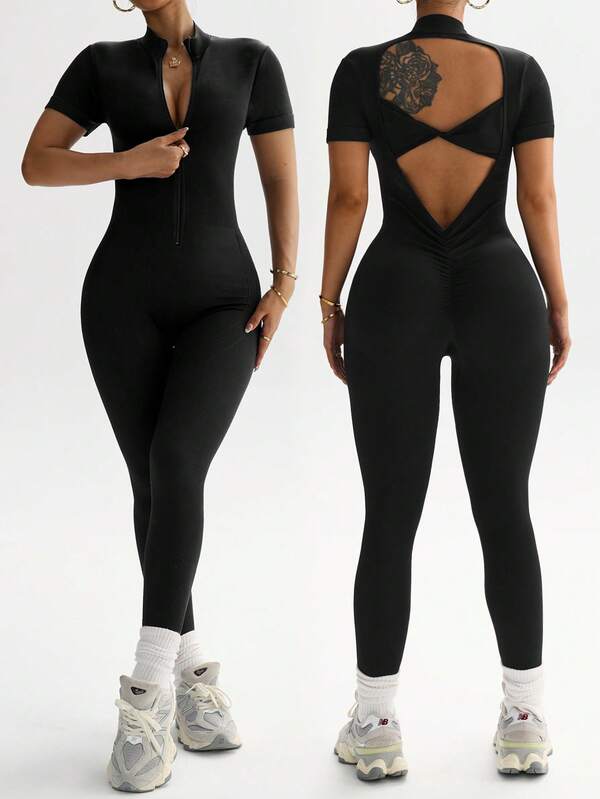 Rhythm Era 1pc Women Plus Size Front Zipper Mandarin Collar Seamless Sexy Twist Back Racerback Yoga Fitness Gymnastics Short Sleeve Cropped Jumpsuit