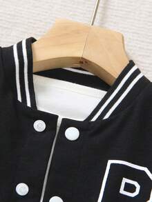 SHEIN Genkimix Kids 4-7 Years Old Young Boys' Collegiate Baseball Jacket 2-Piece Set - Black Knit Cardigan Baseball Jacket With White Sleeves, Letter "P" Print, Matching Printed Sweatpants With Ribbed Collar, Cuffs And Hem, Comfortable And Casual, Suitable For Spring/Autumn, Daily Wear, Sports, School, Travel - Multicolor - View 6
