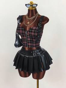 Amplova Plus Size Women Plaid Low-Cut Punk Street Style Adjustable Strap Front Zipper Crop Top - Multicolor - View 5