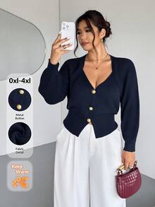 Firerie Plus Size Solid Color Front Button Long Sleeve Casual Knit Cardigan In Fall/Winter Navy Blue Old Money Office - Navy Blue - View 1