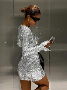 Livesso Shiny Sequin Silver New Year Christmas Wedding Party Banquet Formal Dress, Fashion Party Flare Sleeve Split Hem Mini Dress For Women Carnival - Silver - View 7