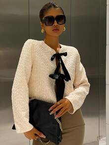 Livesso 女士优雅纹理开衫衬衫，撞色蝴蝶结设计，适合新年、圣诞节、婚礼、派对、舞会、春秋冬季女式外套 - 米色 - 查看 6