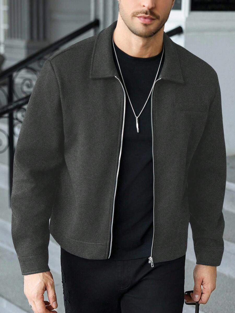 Manfinity CasualCool Áo khoác nam trơn màu có khóa kéo thường ngày, áo khoác crop mùa thu/đông cho nam, áo khoác nam, áo khoác mùa hè cho nam, áo khoác nam dài tay có khóa kéo thường ngày - Xám - Xem 1