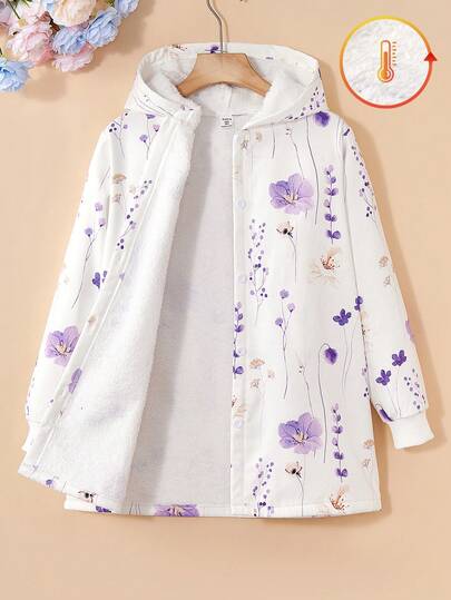SHEIN Vintaside Kids Tween Girl 连帽加厚毛绒复古花卉中长款保暖夹克，秋冬，度假，夏季，旅行