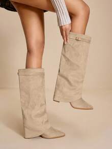 Daringsoles 女式尖头粗跟绒面西部流苏靴，修身高筒靴 - 米色 - 查看 5