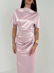 Aloruh Gaun Pesta Wanita Elegan dengan Kerah Berlipat, Warna Polos, Pinggang Berkerut, dan Lengan Kelelawar Panjang - Dusty Pink - View 6