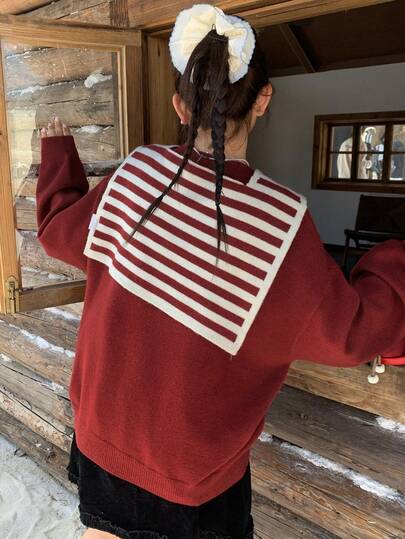 Dazy Plus New Year Red Christmas Casual Color Block Patchwork Cowl Neck Loose Crew Neck Pullover Sweater, Autumn/Winter