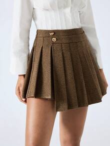 LYSMO 女士侧扣人字纹褶裥不对称下摆时尚半身裙 - 咖啡棕 - 查看 3