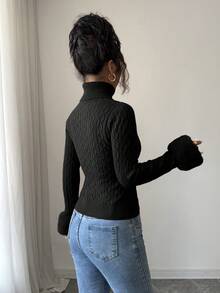 SHEIN Elenzya Elegant Twist Collar Patchwork Knit Sweater, Long Sleeve, Slim Fit, Suitable For Commuting, Autumn/Winter - Black - View 2
