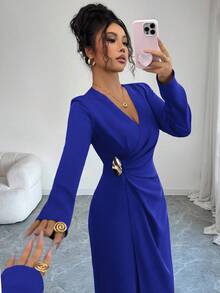 Elenzga Women's Elegant Solid Color Wrap Dress, Suitable For Commuting - Royal Blue - View 3