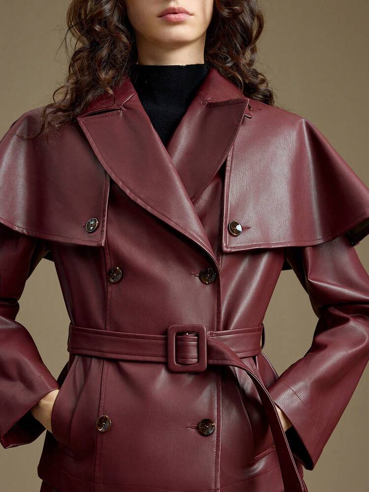 Women's Burgundy Detachable Shawl Coat PU Fabric Chic Summer Night Out Lapel Patchwork Cape Cinched Waist Pocket Accent Business Office Wear Jacket