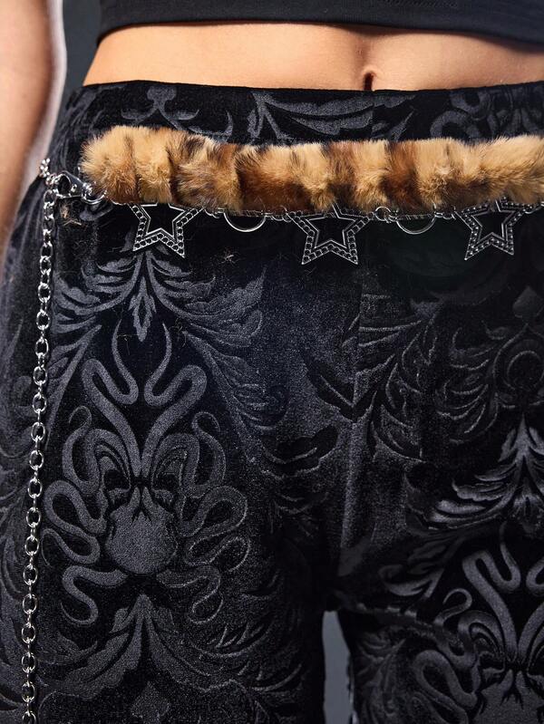 ROMWE Goth 1pc Women Retro Decor Zinc Alloy Funky Belt Leopard Yellow Imitation Fuzz