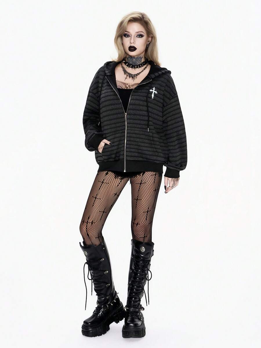 Breakform Sweat-shirt-shirt punk Sweat-shirt-shirt à capuche rayé à doublure thermique avec imprimé croix punk, convient pour les sorties décontractées - Multicolore - Voir 1