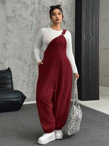 SHEIN EZwear 大码酒红色弹力抓绒罗纹背带裤，秋冬季