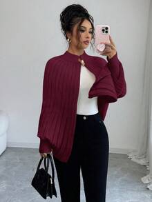 Elenzga Cárdigan elegante y de alta calidad tejido a mano con diseño de botones metálicos, simple y generoso, adecuado para otoño/invierno - Burdeos - Ver 2