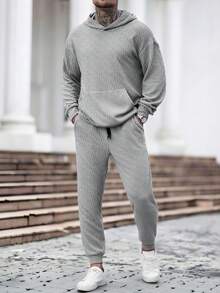 Manfinity Homme Men's Casual Hooded Sweatshirt Set With Pockets Men Co Ord Set Grey Outfit Men Men Sweatsuit Set Men Joggers Suit Knitted Two Piece Outfit Men - Coffee Brown - View 3