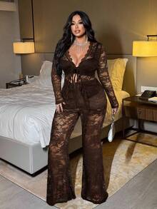 NU&NOW Plus Size Long Sleeve Lace Trim Elegant & Sexy 2 Pieces Set - Coffee Brown - View 4