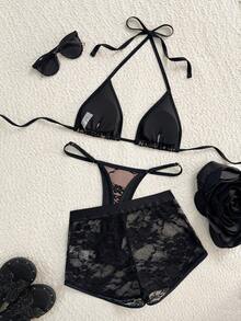 Swim SXY 3件套蕾丝吊带上衣、丁字裤和短款罩衫泳衣套装，女士春夏款 - 黑色 - 查看 5