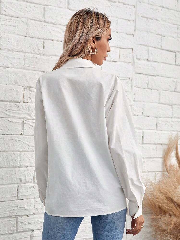 Solid Button Front Shirt,Long Sleeve Tops Winter White Casual Spring
