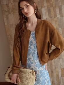 MOTF PREMIUM WOMEN'S AUTUMN/WINTER SUEDE EMBROIDERY FLORAL SHORT JACKET - Brown - View 6