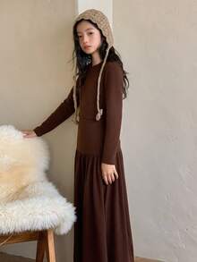 Dazy Kids 2pcs/Set Tween Girls Crew Neck Long Sleeve Knit Top And Skirt Outfit, Fall - Brown - View 2