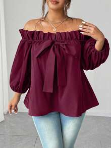 Elenzga 大码性感露肩上衣 - 酒紅色 - 查看 1