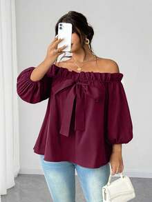 Elenzga 大码性感露肩上衣 - 酒紅色 - 查看 5