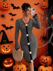 Rafferiza French Retro Vacation Casual Chic Minimalist Daily Versatile Spring Autumn Winter Women's Long Sleeve V-Neck 3D Floral Hand-Knitted Contrast Color Black & White Striped Flared Sleeve Midi Sweater Dress - Black and White - View 1