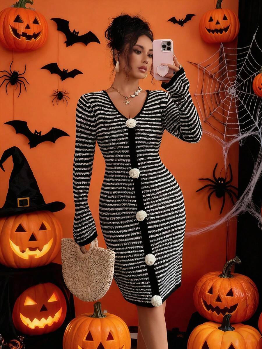 Rafferiza French Retro Vacation Casual Chic Minimalist Daily Versatile Spring Autumn Winter Women's Long Sleeve V-Neck 3D Floral Hand-Knitted Contrast Color Black & White Striped Flared Sleeve Midi Sweater Dress - Black and White - View 1