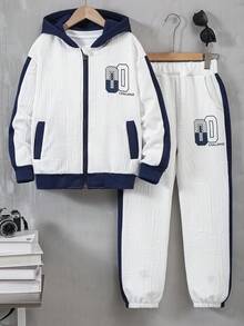 2pcs/Set Boys' Vacaura Outfit, Fashion Textured Letter Hoodie Jacket And Casual Drawstring Pants, Suitable For Spring, Autumn And Winter