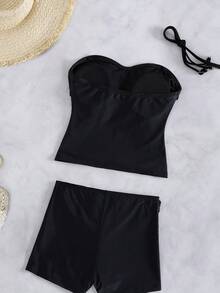 Bonvoyette Women's Elegant Black Bandeau Bikini Set With Removable Straps, 2026 Slimming High Waist Two Pieces Swimwear With Shell Embellishment, Bandeau Top & Boy Shorts, Casual Minimalist Chic Beachwear For Summer Vacation Resort Wear & Pool Party - Black - View 2