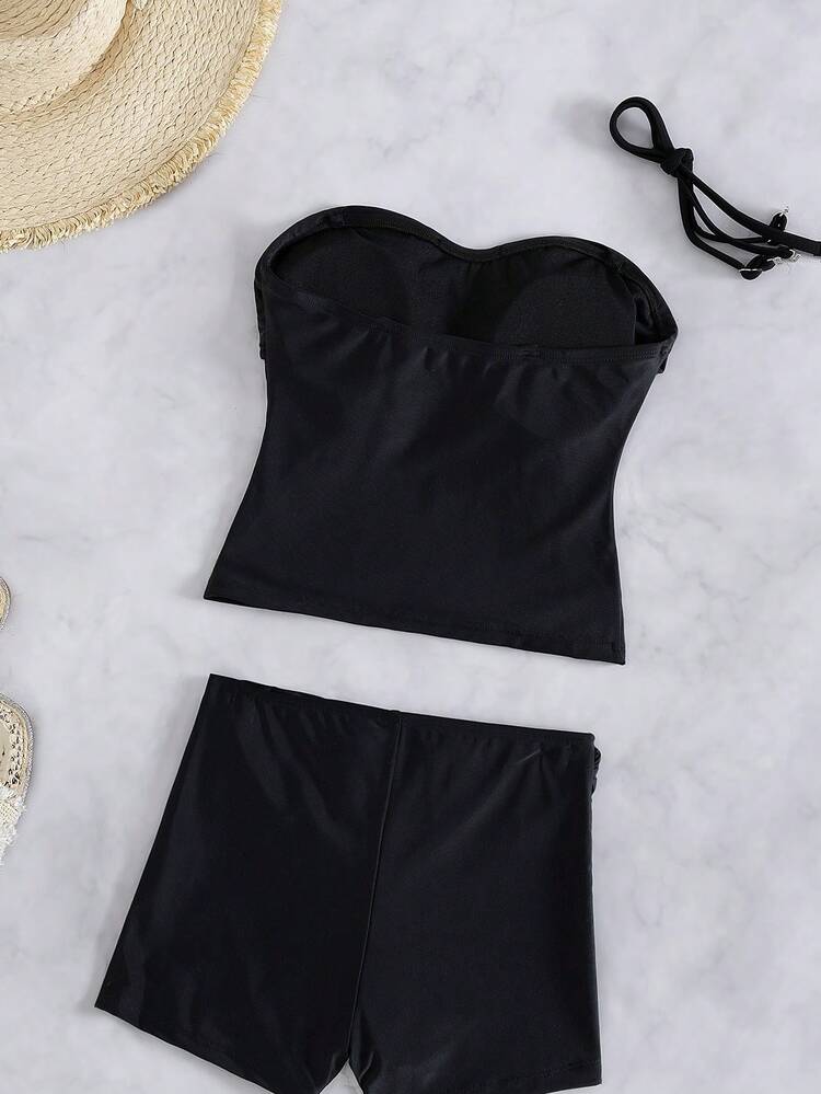 Swim Vcay Conjunto de bikini bandeau elegante negro para mujer de Bonvoyette con tirantes desmontables, traje de baño de 2 piezas con cintura alta estilizadora y adorno de concha, top bandeau y shorts tipo boy, ropa de playa minimalista y elegante para vacaciones de verano, resort y fiestas en la piscina - Negro - Añade 2