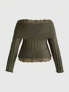 ROMWE Fairycore Áo len dệt kim hở vai cổ điển lãng mạn cỡ lớn, mùa thu/đông - màu xanh lá - Xem 2