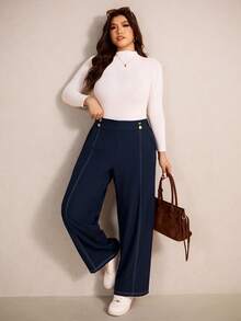 Elaquor Plus Size Casual Versatile Loose Pants Navy Blue Old Money Office