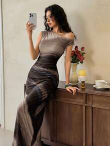 EastFlair 女士时尚通勤扎染印花不对称领连衣裙 - 彩色 - 查看 4