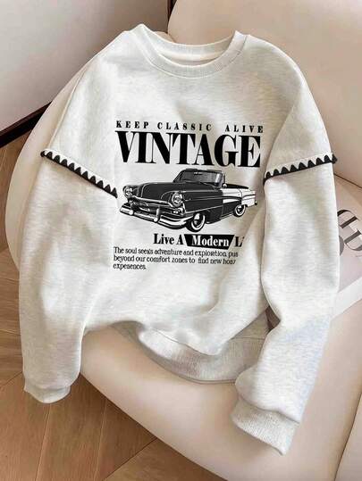 Resyla Women's Sweatshirts/ Casual Retro Car Prints/Casual Simple Fashion Sweatshirts/Fashionable Tops/Fun Sweatshirts/Suitable For Autumn And Winter/Loose Round Neck Long Sleeve Sweatshirts/Women's Spring Pullovers, Women's Lace Contrast Round Neck Sweatshirts, Long Sleeve Tops, Back-To-School Autumn And Winter Sweatshirts