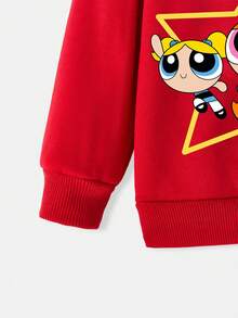 THE POWERPUFF GIRLS X SHEIN 女婴休闲卡通印花红色圆领运动衫，秋季 - 紅色 - 查看 3