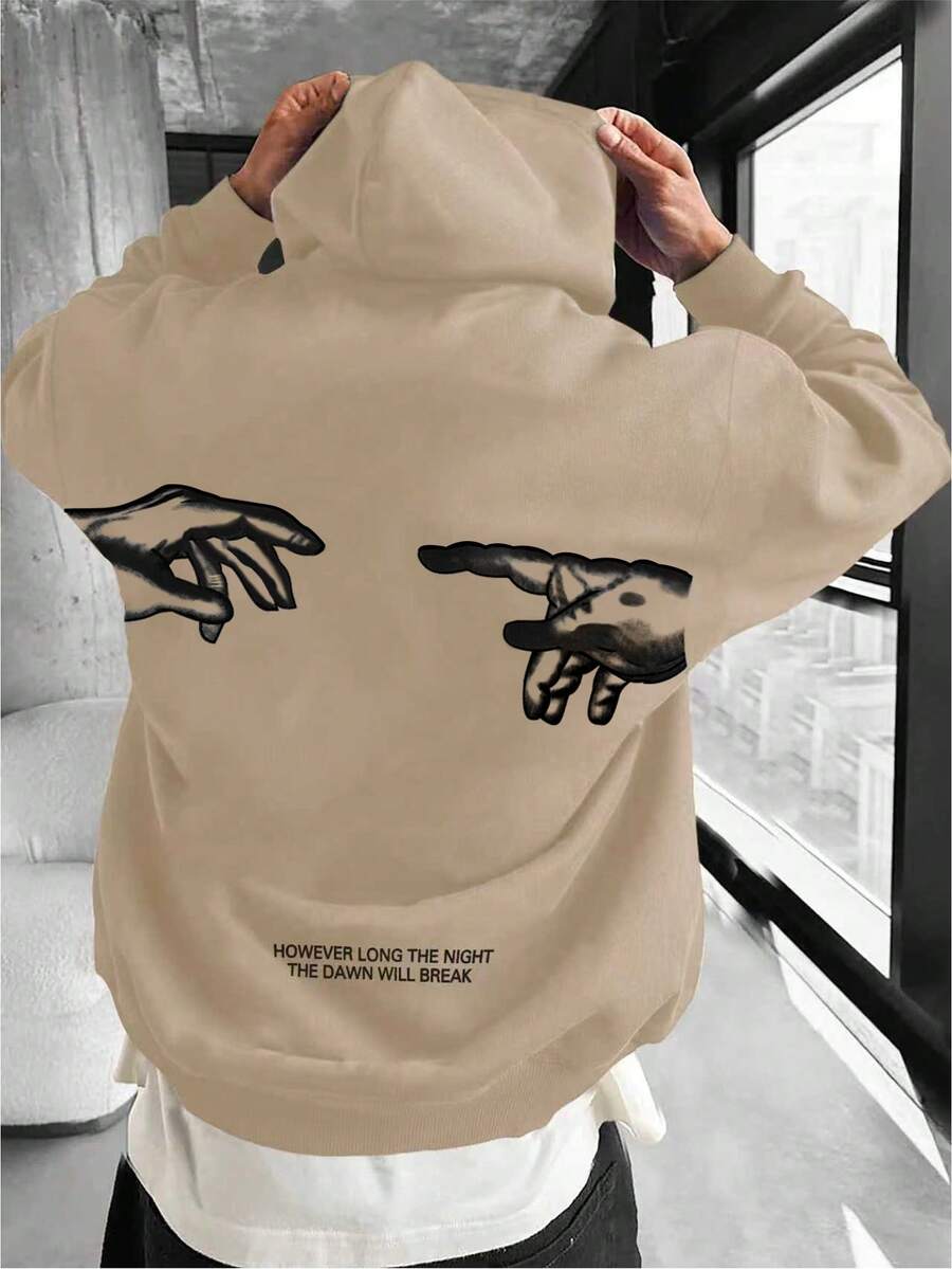 Manfinity Homme 宽松男士标语手绘图案落肩保暖连帽衫，带抽绳，适合秋冬季节，长袖上衣 - 卡其色 - 查看 1