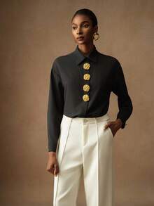 Vesra Camisa de manga larga con botones y estampado floral de unicolor para mujer