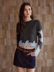 MOTF PREMIUM CONTRAST LACE ROUND NECK CROP SWEATER - Grey - View 3