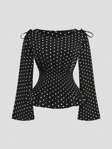 Lyrianda Fall Autumn And Winter Plus Size Black & White Polka Dot Long Sleeve Fitted Waist Shirt With Bow Shoulder Decor, Casual Everyday Wear - Black and White - View 1