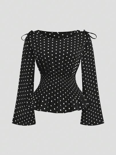 Lyrianda Fall Autumn And Winter Plus Size Black & White Polka Dot Long Sleeve Fitted Waist Shirt With Bow Shoulder Decor, Casual Everyday Wear