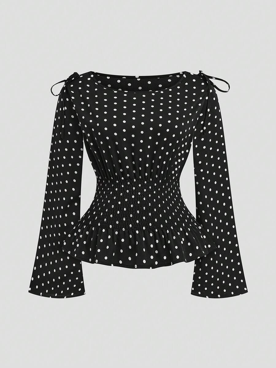 Lyrianda Fall Autumn And Winter Plus Size Black & White Polka Dot Long Sleeve Fitted Waist Shirt With Bow Shoulder Decor, Casual Everyday Wear - Black and White - View 1
