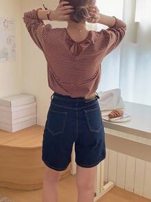 Dazy Kids 少女休闲通勤撞色条纹印花扭结后背长袖T恤，春秋季 - 橘色 - 查看 5